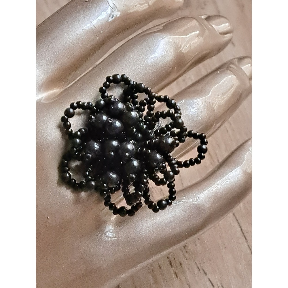 Vintage Style Black Beaded Flower Statement Ring Adjustable Silver Tone Band